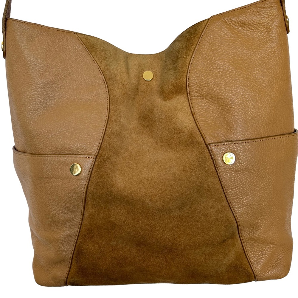HALSTON HERITAGE TOTE BAG PEBBLED LEATHER SUEDE GOLD HARDWARE COLORED TAN